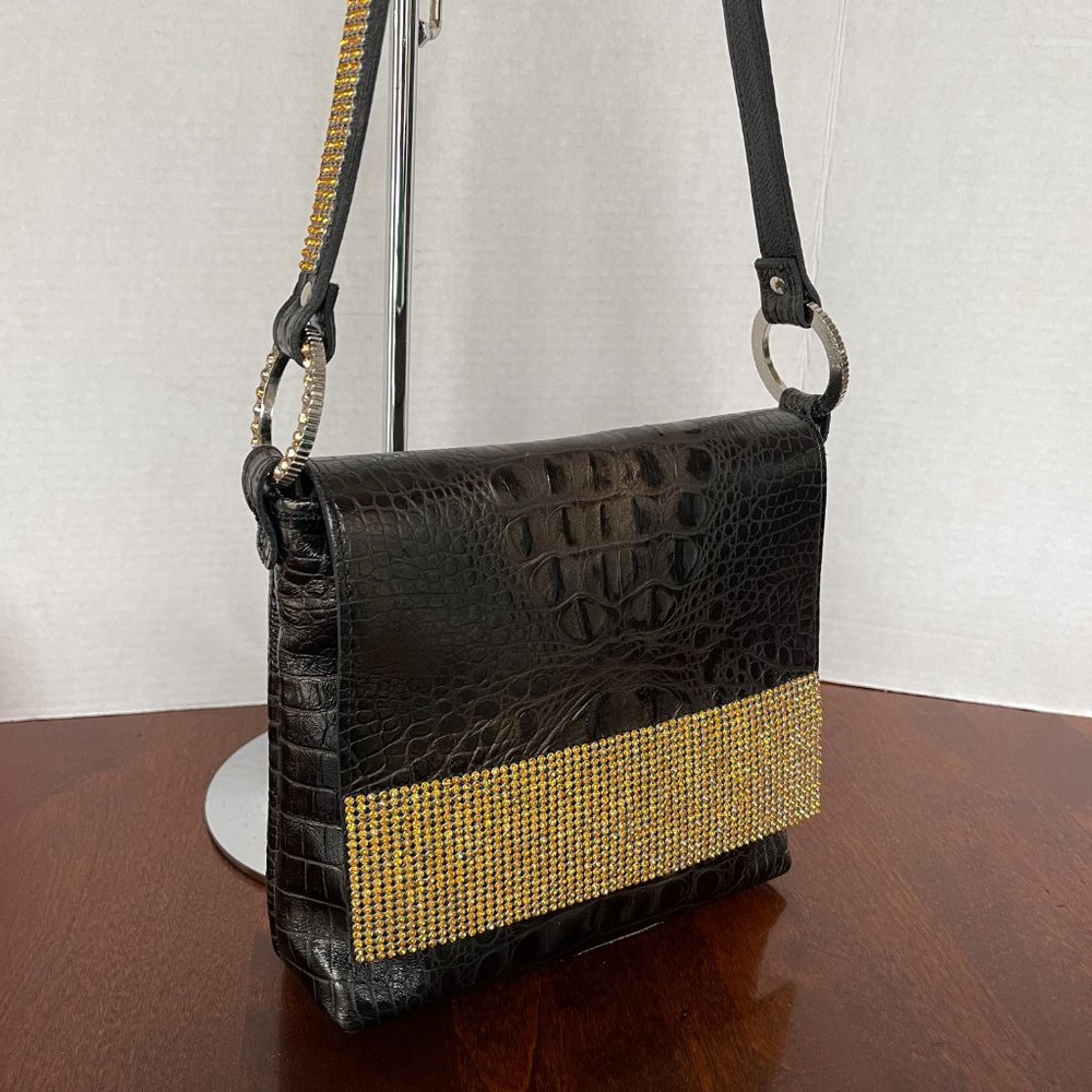 Raviani Black Flap Croco Embossed Leather Shoulder Bag w/Crystals - Picture 2 of 13